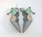 Manolo Blahnik Troina Ankle Ties Heels in Mint Leather and Brocade