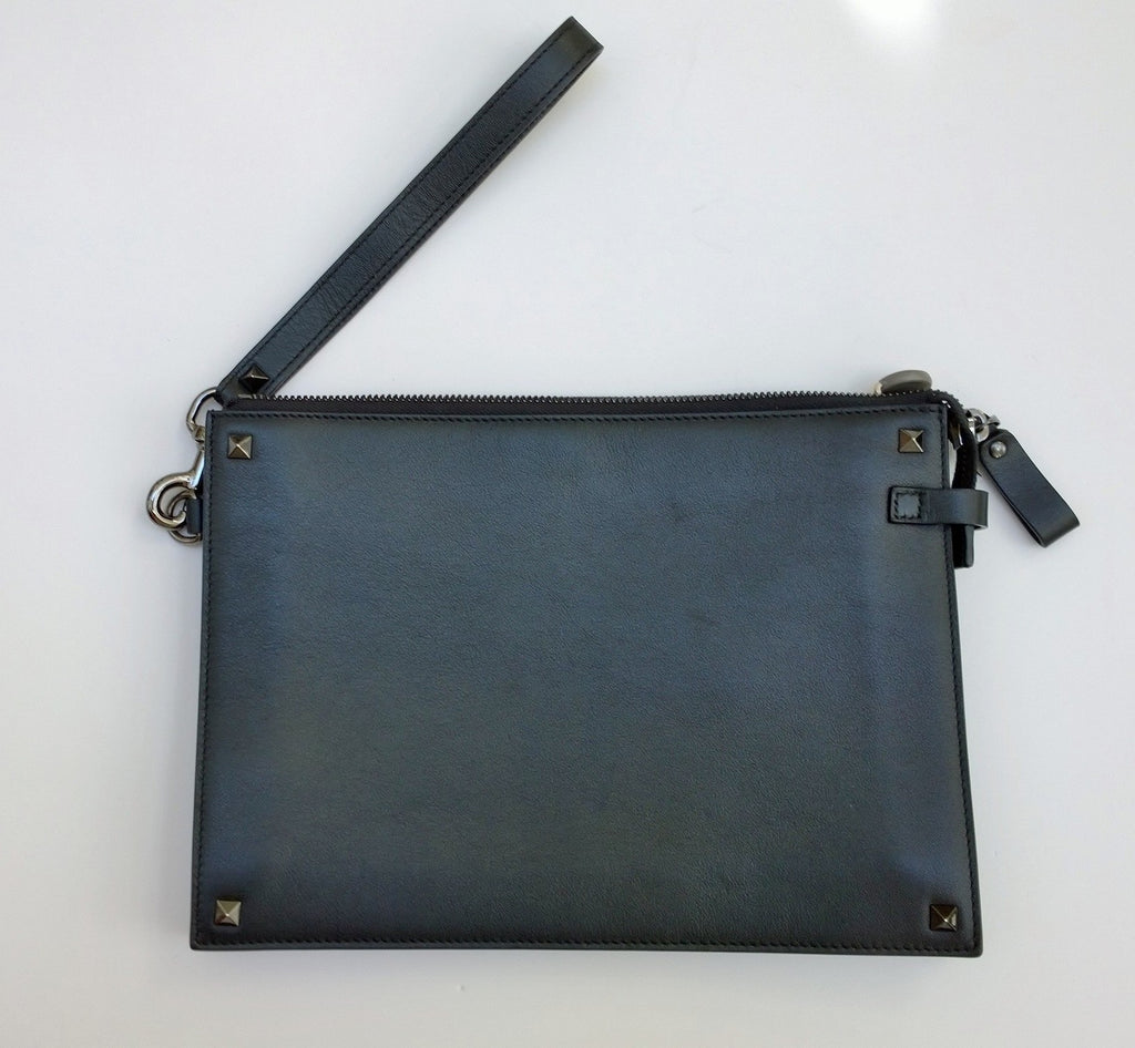 Valentino Garavani Men's Rockstud Black Leather Clutch Bag Wrist Strap –