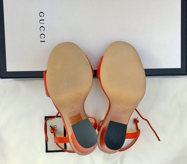 Gucci Horsebit Sandals in Sun Orange Leather Block Heels