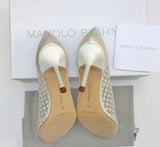 Manolo Blahnik Hangisi Lace 90 in Cream Lace Heels