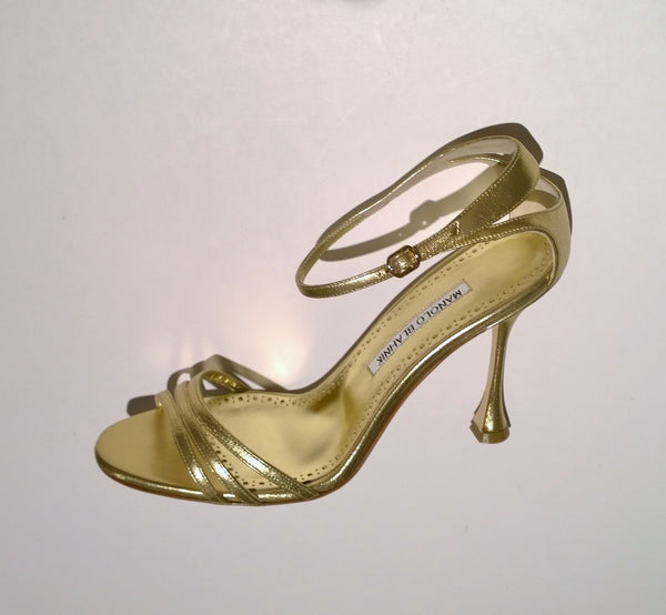 Manolo Blahnik Caracol 105 Gold Nappa Leather Sandals Heels NIB