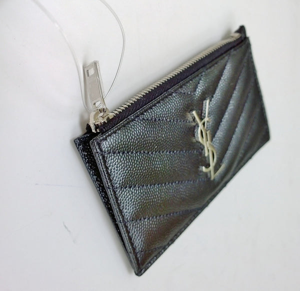 Saint Laurent Monogram YSL Zip Fragments Card Case Zipper Wallet Black with Silver
