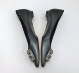 Manolo Blahnik Hangisi Black Leather Flats with Silver Rhinestone Buckle Shoes