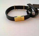 Saint Laurent Opyum YSL Logo Black Leather Bracelet Gold Tone