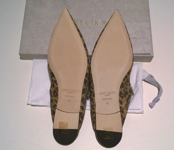 Jimmy Choo Bing Rhinestone Strap Slide Flats in Leopard Suede Shoes