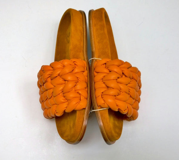 Chloé Kacey Braided Woven Leather Footbed Slides in Saffron Orange Leather Sandals Flats