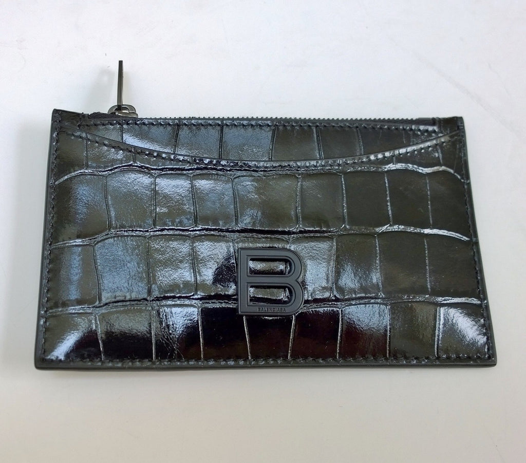 Balenciaga Black Patent Leather Card Case B Logo Croc Embossed
