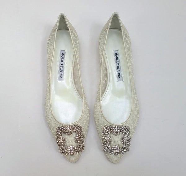 Manolo Blahnik Hangisi Off White Lace Rhinestone Buckles Flats Shoes