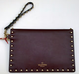 Valentino Garavani V-Flap Oxblood Leather Rockstud Envelope Pouch with Wrist Strap Small