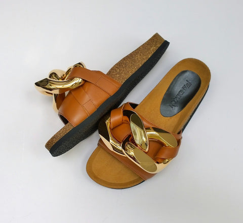 JW Anderson Gold Chain Tan Leather Slides Sandals New Flats