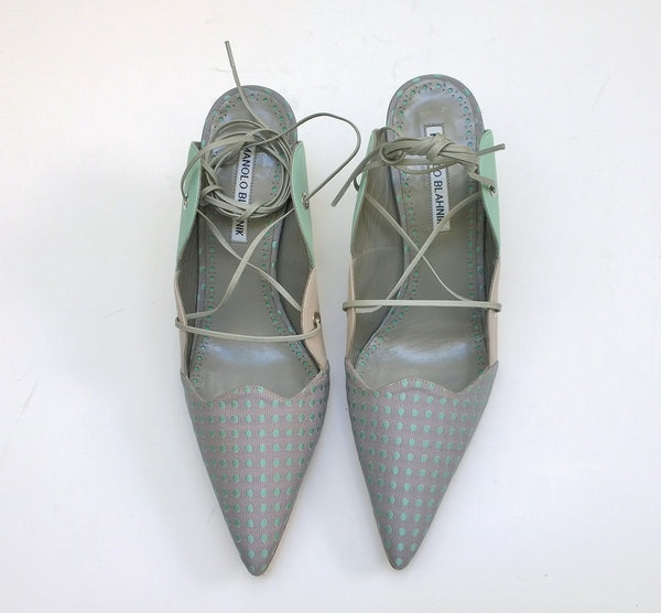 Manolo Blahnik Troina Ankle Ties Heels in Mint Leather and Brocade