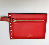 Valentino Rockstud Card Wallet Zipper Card Case Red Leather
