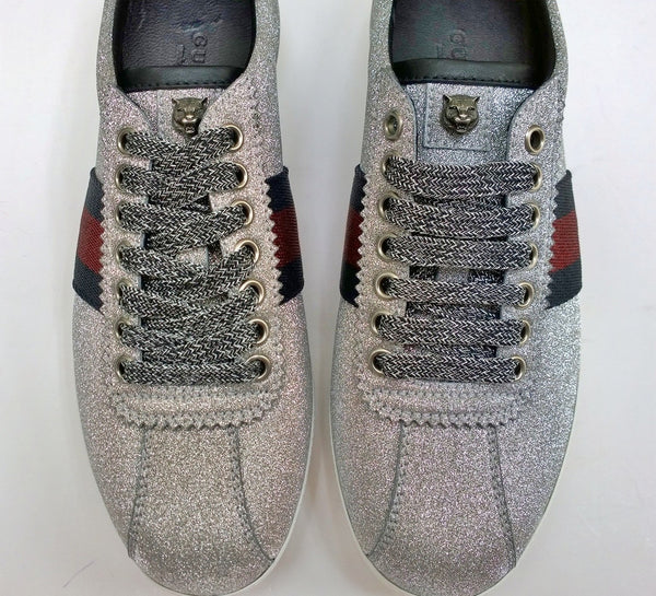 Gucci Bambi GG Silver Glitter Sneakers with Silver Studs, Grosgrain and Tiger Detail