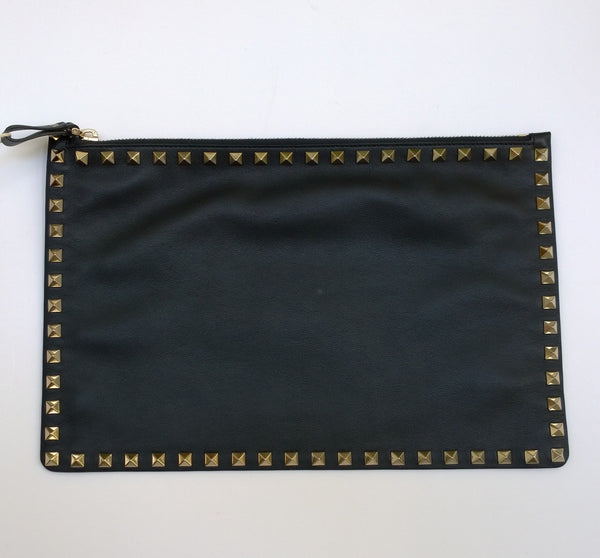 Valentino Garavani Rockstud Clutch Bag in Black Leather Gold Studs Evening Handbag