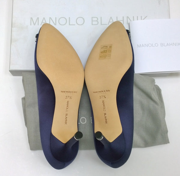 Manolo Blahnik Hangisi 70 Navy Satin with Black Rhinestone Buckle Strass Heels new shoes