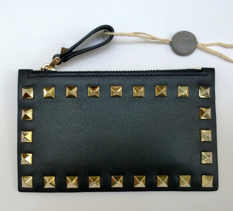 Valentino Garavani Rockstud Zipper Card Case in Black Smooth Leather with Gold Studs