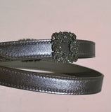 Manolo Blahnik Hangisi Leather Belt with Rhinestone Buckle in Metallic Dark Silver Pewter