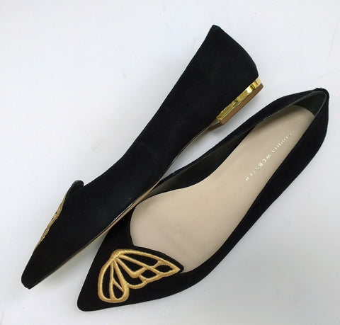 Sophia Webster Bibi Butterfly Black Suede with Yellow Gold Embroidery Pointy Flats Shoes