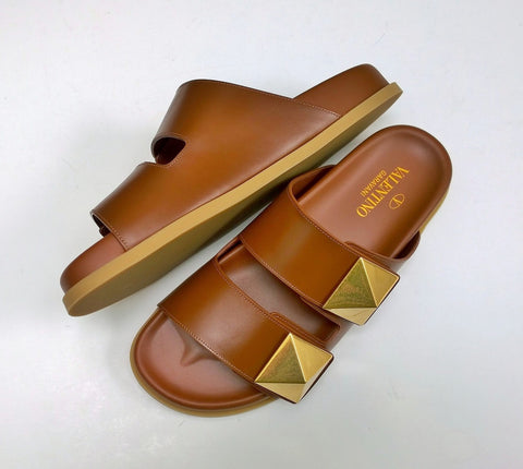 Valentino Garavani Roman Stud Brown Leather Slides with Gold Rockstud Sandals