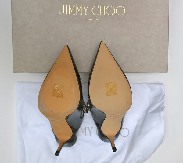 Jimmy Choo Bing Heels in Grey Patent with Pearl and Rhinestone Band