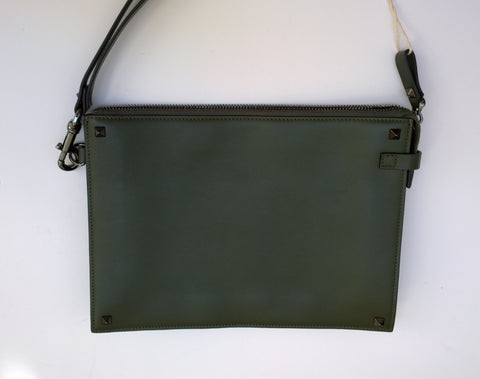 Valentino Garavani Men's Rockstud Clutch Bag in Army Green with Wrist Strap Pouch