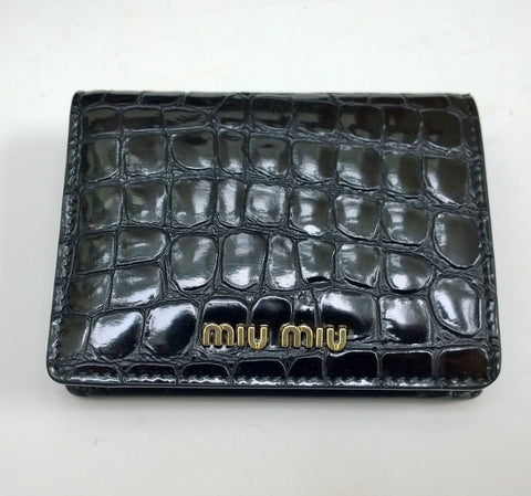 Miu Miu Black Patent Croc Embossed Wallet Card Holder Case Purse New
