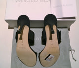 Manolo Blahnik Gable Black Crepe de Chine Mother of Pearl Buckle Slides Sandals New Heels