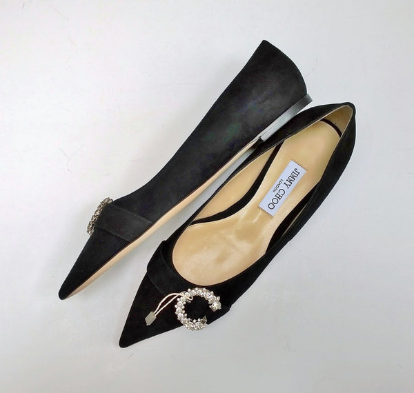 Jimmy Choo Saresa Black Suede Rhinestone Buckle Flats Shoes