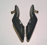 Manolo Blahnik Maysale Black Crepe de Chine Mops Mother of Pearl Buckle Mules Heels