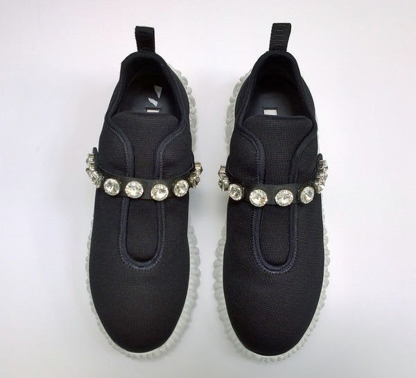 Miu Miu Matelasse Black Stretch Fabric Sneakers with Rhinestone Detail