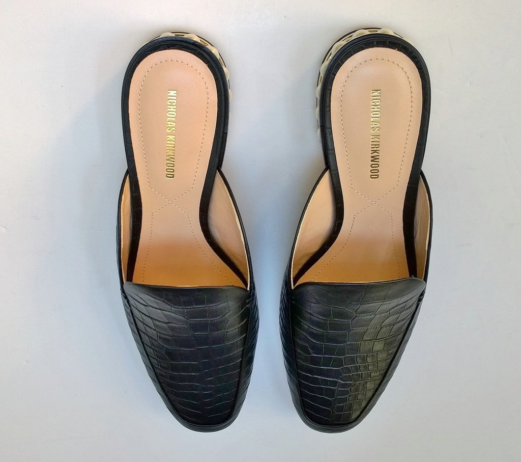 Nicholas Kirkwood Casati Pearl Loafers Black Croc Embossed Leather Moc –  AvaMaria
