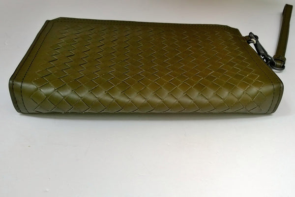 Bottega Veneta Wristlet Intrecciato Woven Leather Clutch Khaki Green Pouch Bag