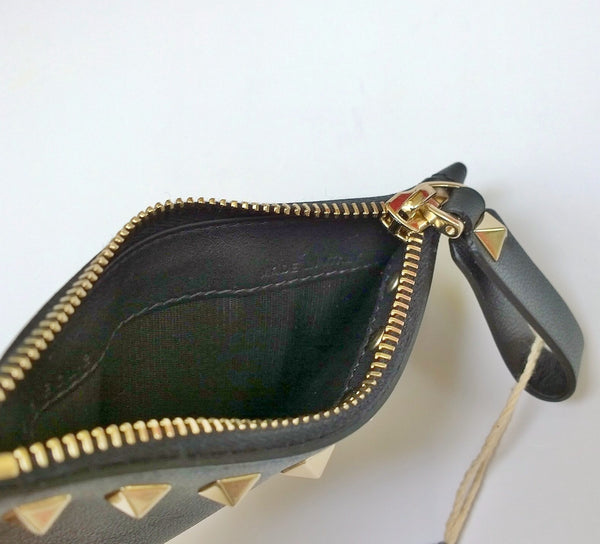 Valentino Garavani Rockstud Zipper Card Case in Black Smooth Leather with Gold Studs