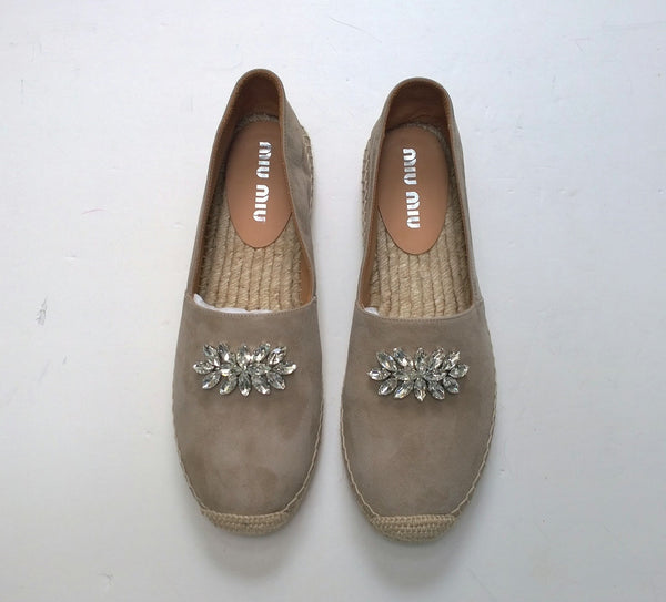 Miu Miu Sand Suede Rhinestone Espadrilles Corda Flats