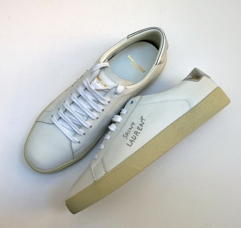 Saint Laurent Court Classic Embroidered Logo Sneakers White Leather with Silver