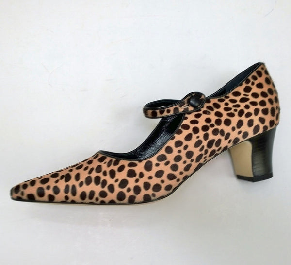 Manolo Blahnik Crezia Calf Hair Leopard Mary Jane Block Heels Campari