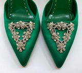 Manolo Blahnik Namutri 90 Emerald Green Satin Mules Rhinestone Buckle Heels