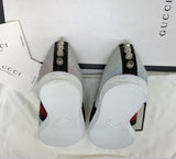 Gucci Bambi GG Silver Glitter Sneakers with Silver Studs, Grosgrain and Tiger Detail