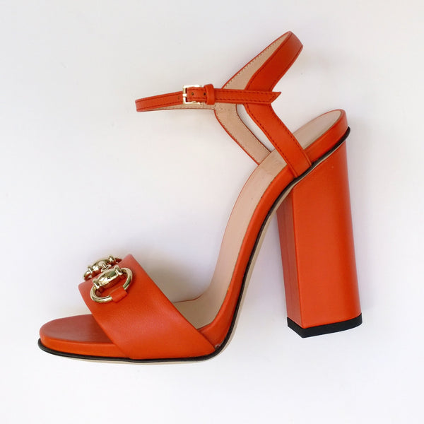 Gucci Horsebit Sandals in Sun Orange Leather Block Heels