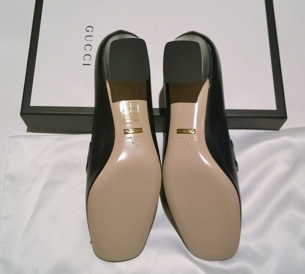 Gucci Malaga Black Leather Loafers with Gold and Silver GG Logo Buckle Heels