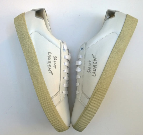 Saint Laurent Court Classic Embroidered Logo Sneakers White Leather with Silver