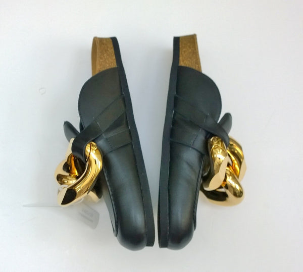 JW Anderson Oversized Chain Slides Black Leather Flats Shoes