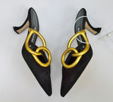 Manolo Blahnik Allora Black Suede and Gold Leather Mules Buckle Heels 70