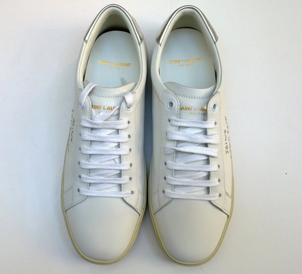 Saint Laurent Court Classic Embroidered Logo Sneakers White Leather with Silver