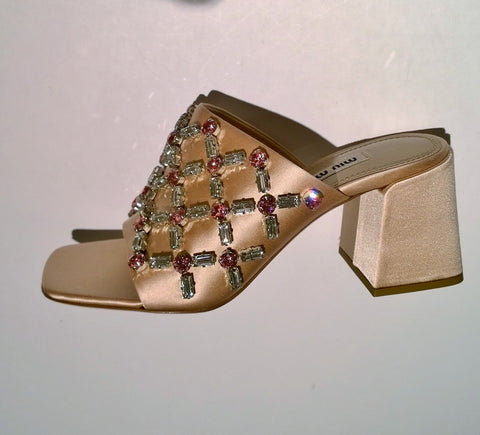 Miu Miu Crystal Sandals 65 Pink Satin Slides Rhinestones