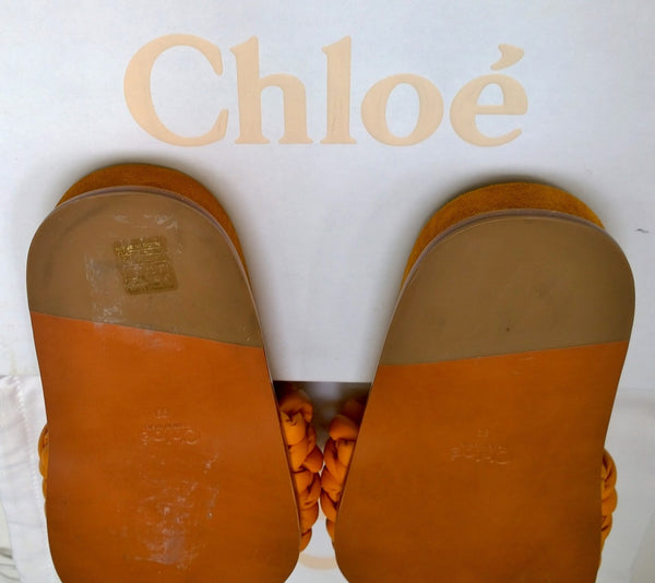 Chloé Kacey Braided Woven Leather Footbed Slides in Saffron Orange Leather Sandals Flats