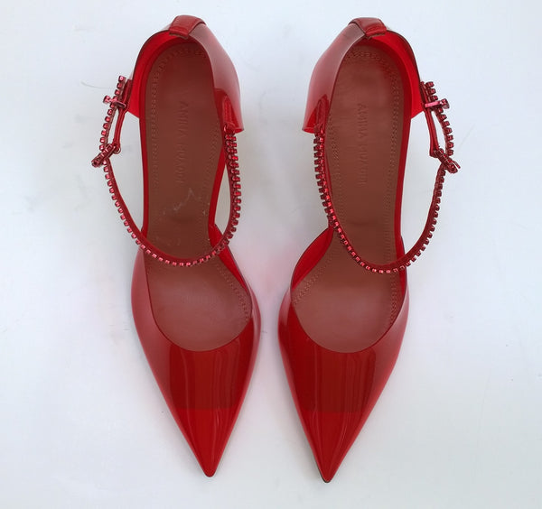 Amina Muaddi Ursina Glass Pumps in Red PVC Rhinestone Ankle Bracelet Heels