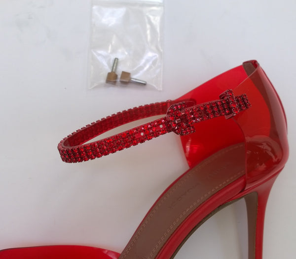 Amina Muaddi Ursina Glass Pumps in Red PVC Rhinestone Ankle Bracelet Heels