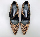 Manolo Blahnik Crezia Calf Hair Leopard Mary Jane Block Heels Campari