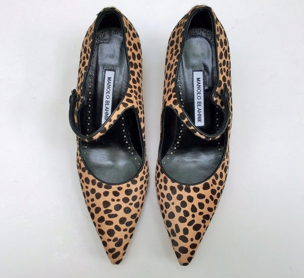 Manolo Blahnik Crezia Calf Hair Leopard Mary Jane Block Heels Campari